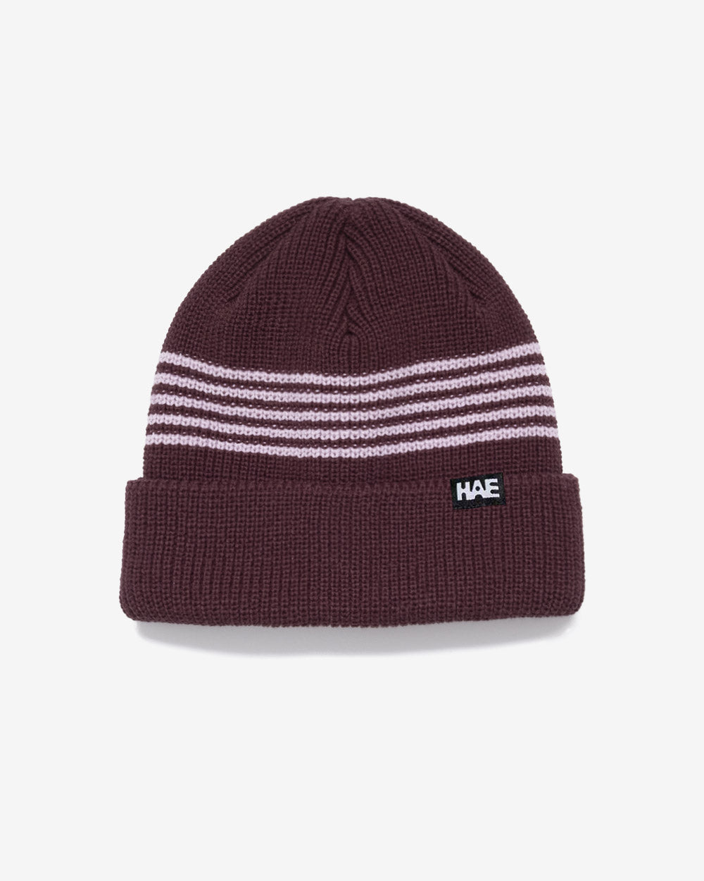 HAE Pathfinder Beanie in Choco mit rosa Ringelstreifen am Bund, HAE-Label, 100% Acryl, freigestellt vor weissem Hintergrund