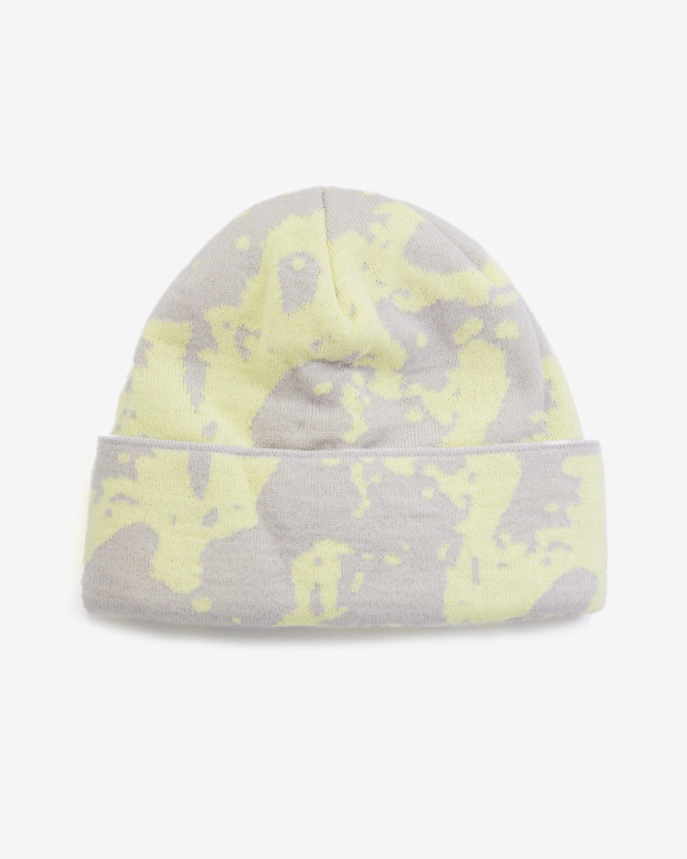 HAE Faceshot Beanie in Grey, zweifarbiges Splatter-Muster in Grau und Hellgelb, 100% Acryl, freigestellt vor weissem Hintergrund