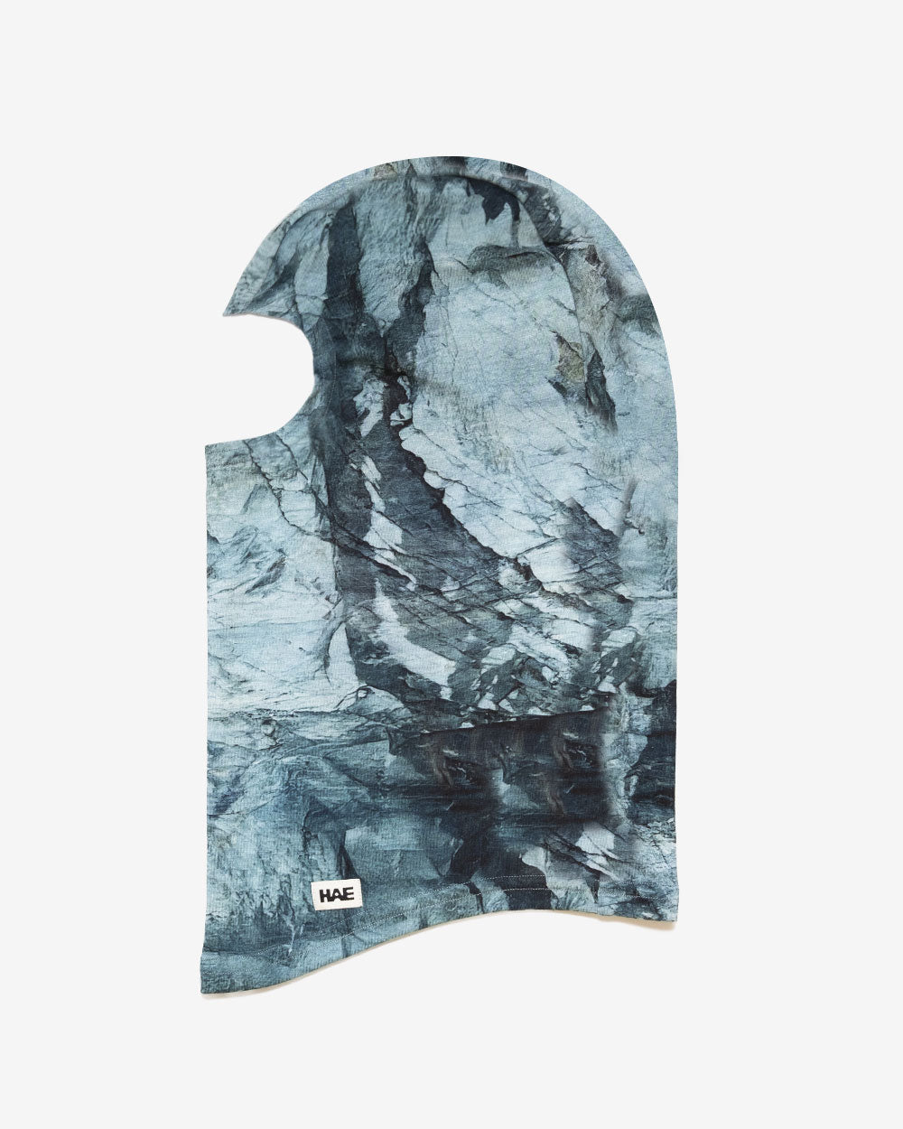 HAE The Stormerer Sturmmaske im Glacial-Polish-Muster (Blaugrau), Flat Lay – winddichte Balaclava mit Gletscher-Optik für alpine Touren